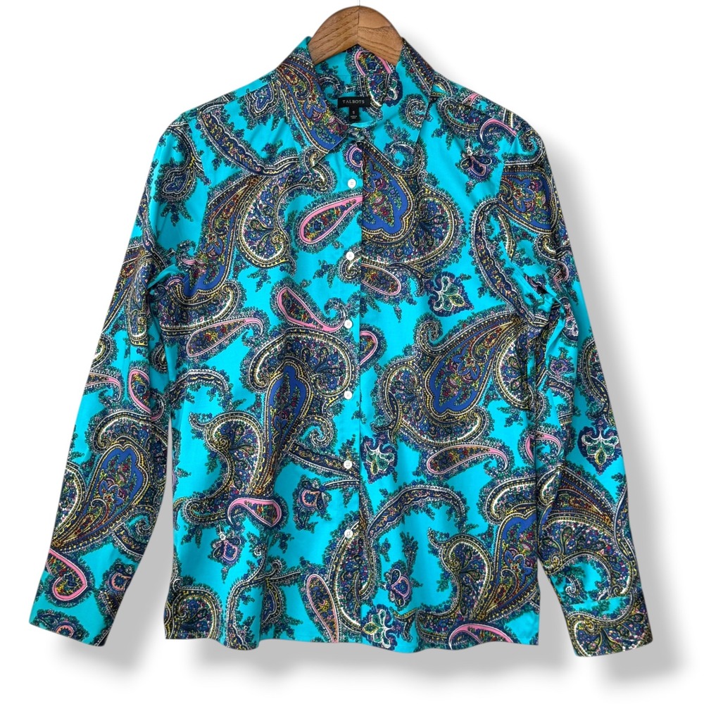 Talbots Button Up Shirt S NWOT Turquoise Blue Paisley Long Sleeve Stretch Cotton